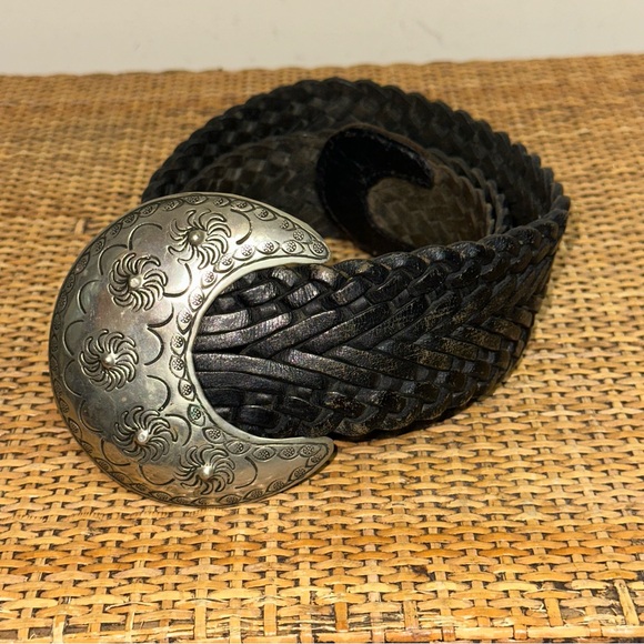 Vintage Lunar Eclipse Leather Braided Slouch Boho Belt Embellished Buckle Gypsy - Picture 2 of 6